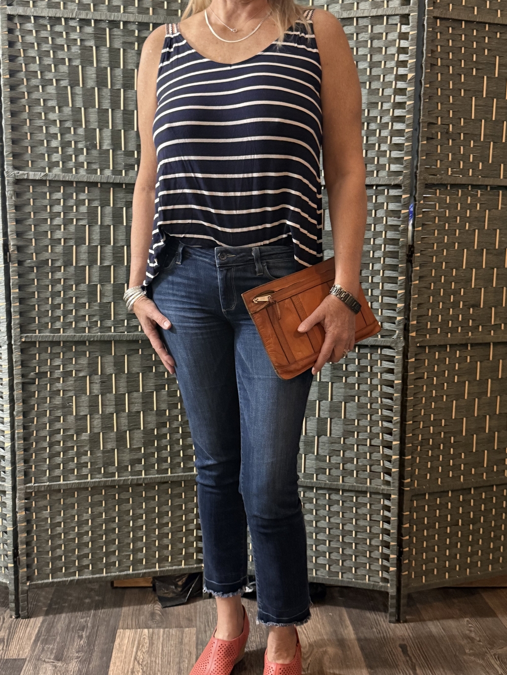 Max Studio Navy and White Striped Tank Top